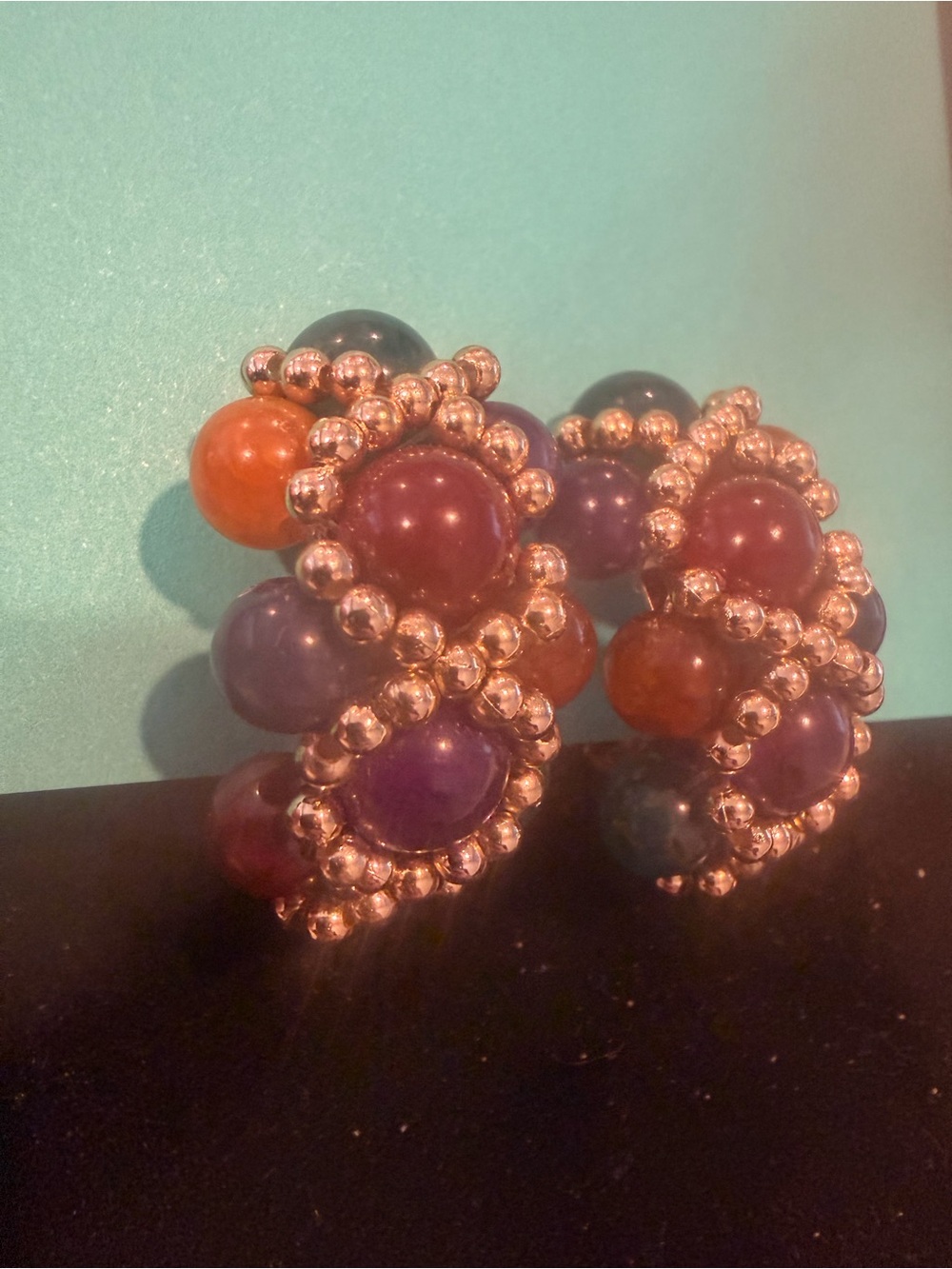 Vintage Beaded Statement Clip Earrings - Gold Accents. 1980s - Picture 3 of 8